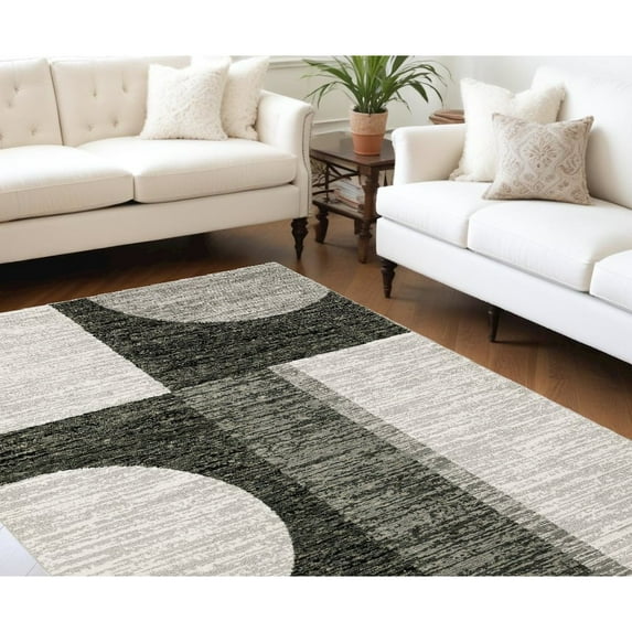 9' X 12' Charcoal Grey And Ivory Geometric Power Loom Stain Resistant Area Rug