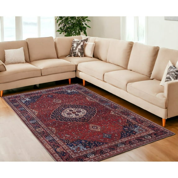 9' X 12' Red Blue And Tan Floral Power Loom Area Rug