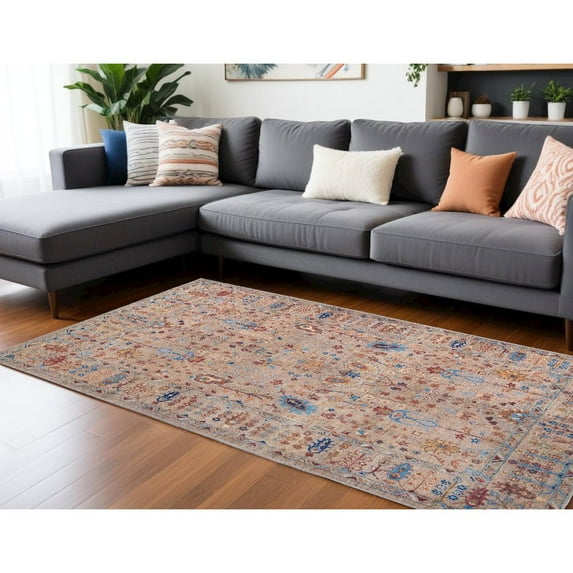 9' X 12' Tan Pink And Blue Floral Power Loom Area Rug