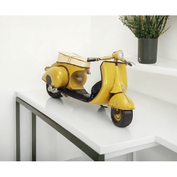 HomeRoots 9" Yellow And Black Metal Hand Painted 1959 Yellow Scooter Model Motorcycle