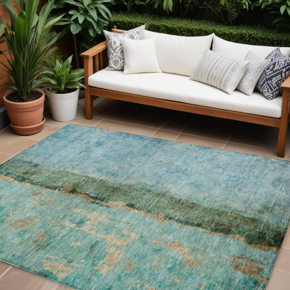 9' X 12' Blue And Gold Abstract Washable Indoor Outdoor Area Rug