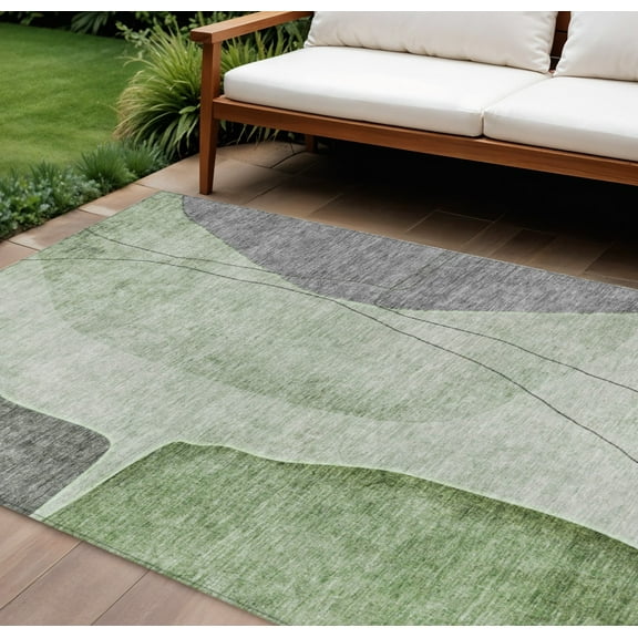 9' X 12' Olive Green And Gray Abstract Washable Indoor Outdoor Area Rug