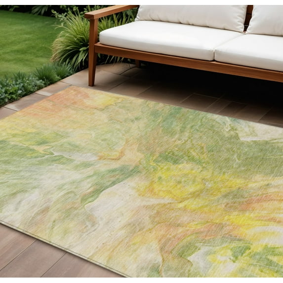 HomeRoots 579725 9 x 12 ft. Abstract Washable Indoor & Outdoor Rectangle Area Rug, Green & Yellow