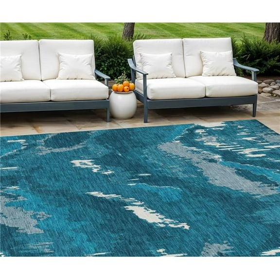 HomeRoots 590194 9 x 12 ft. Abstract Washable Indoor & Outdoor Rectangle Area Rug, Navy Blue & Teal Blue