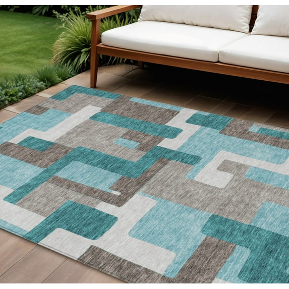 9' X 12' Teal Blue Aqua And Beige Abstract Washable Indoor Outdoor Area Rug