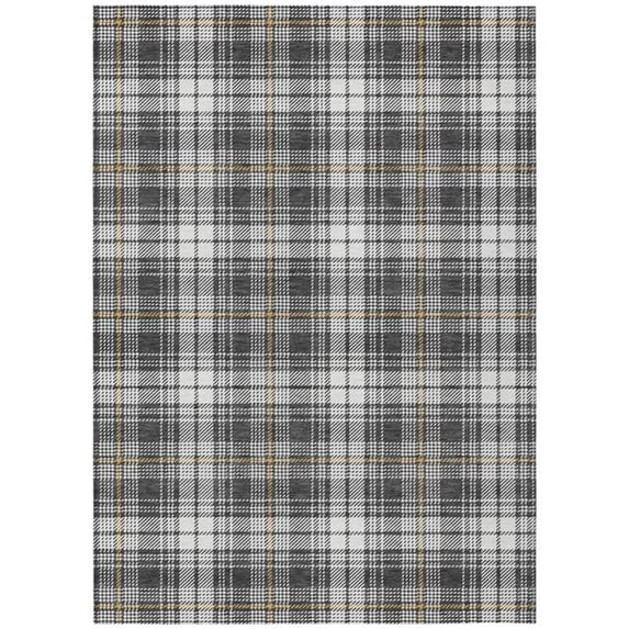 HomeRoots 597103 9 x 12 ft. Charcoal, Ivory & Gold Plaid Washable Indoor & Outdoor Rectangle Area Rug