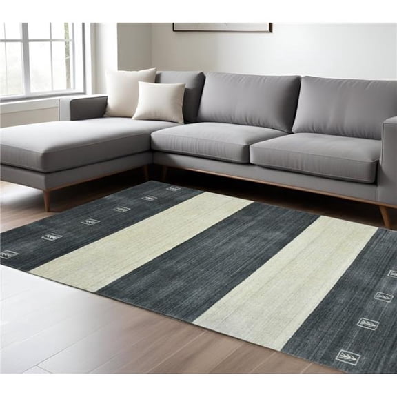 HomeRoots 570700 9 x 12 ft. Charcoal & Ivory Wool Striped Hand Woven Rectangle Area Rug