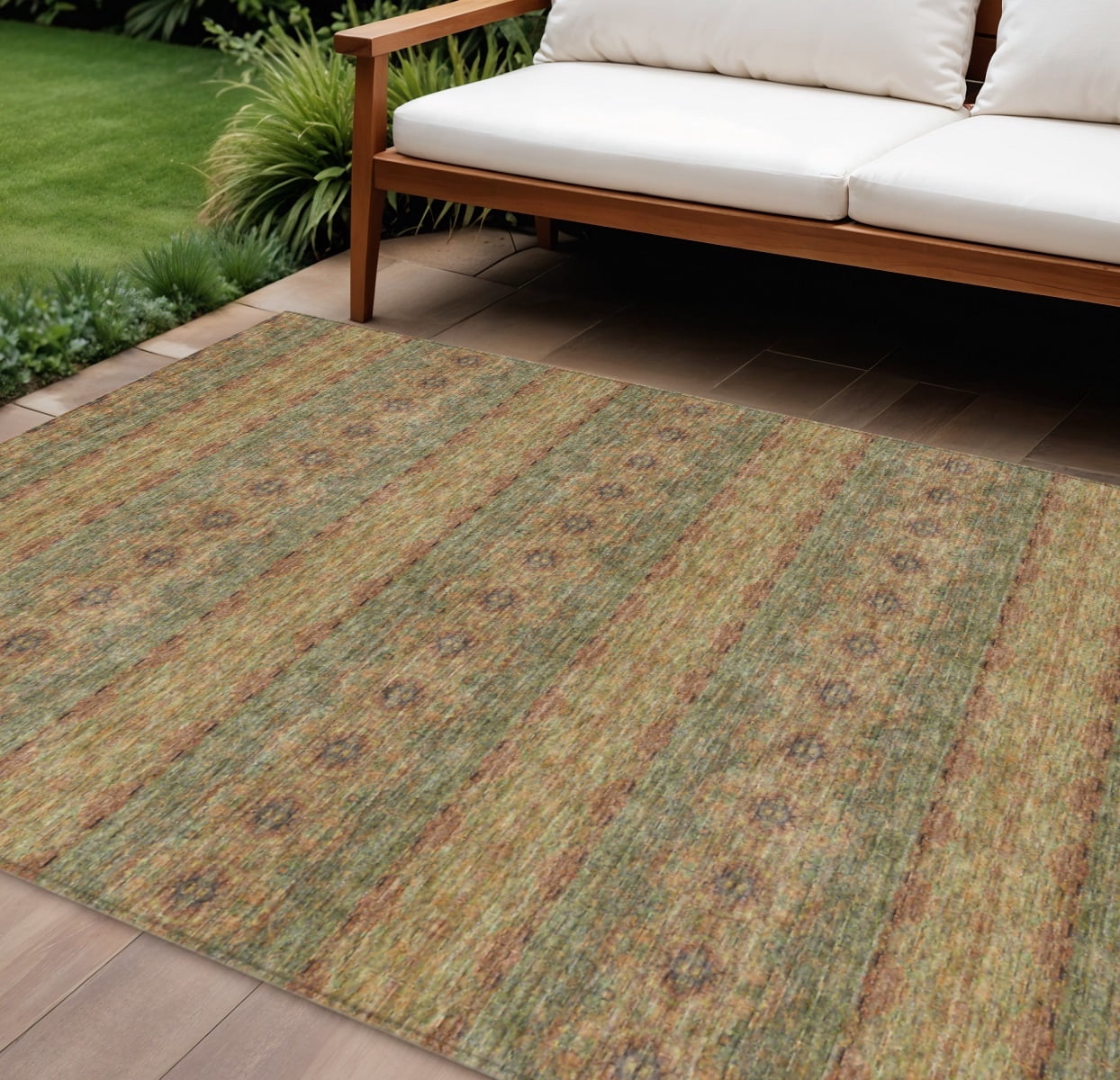 HomeRoots 578332 9 x 12 ft. Floral Medallion Washable Indoor & Outdoor Rectangle Area Rug, Artichoke Green & Olive Green