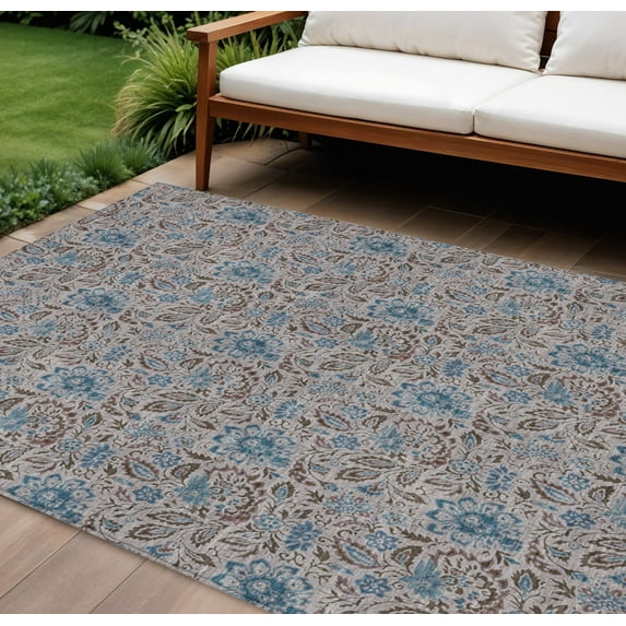 HomeRoots 580452 9 x 12 ft. Floral Washable Indoor & Outdoor Rectangle Area Rug, Brown & Blue