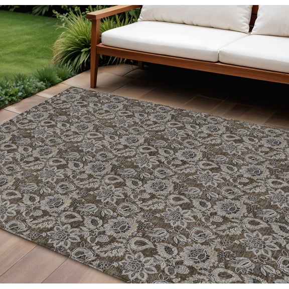 9' X 12' Chocolate And Charcoal Floral Washable Indoor Outdoor Area Rug