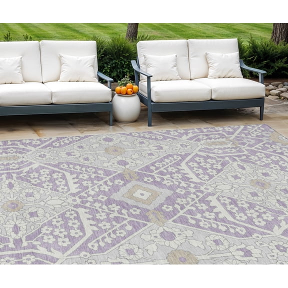 9' X 12' Lavender Gray And Beige Floral Washable Indoor Outdoor Area Rug