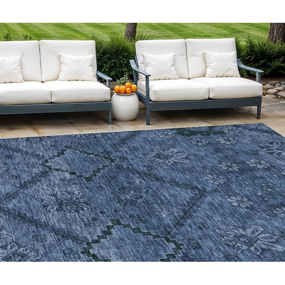HomeRoots 588898 9 x 12 ft. Floral Washable Indoor & Outdoor Rectangle Area Rug, Navy Blue & Denim Blue
