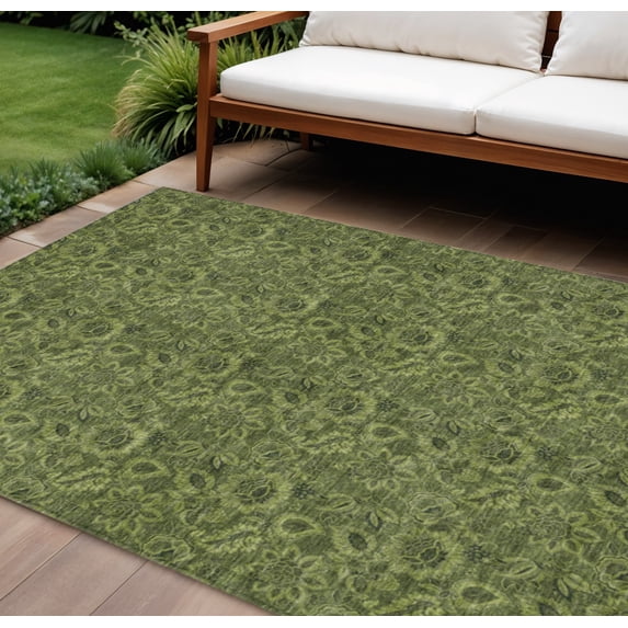 9' X 12' Olive Green And Fern Green Floral Washable Indoor Outdoor Area Rug