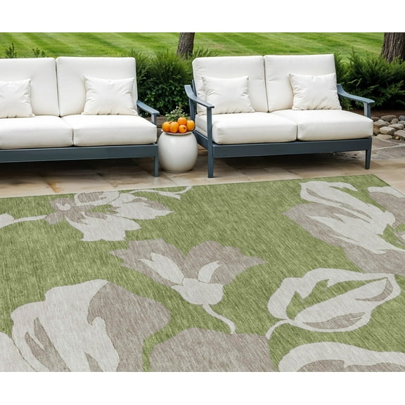 9' X 12' Olive Green Taupe And Beige Floral Washable Indoor Outdoor Area Rug