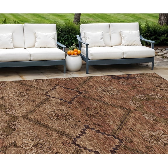 9' X 12' Orange Copper And Brown Floral Washable Indoor Outdoor Area Rug