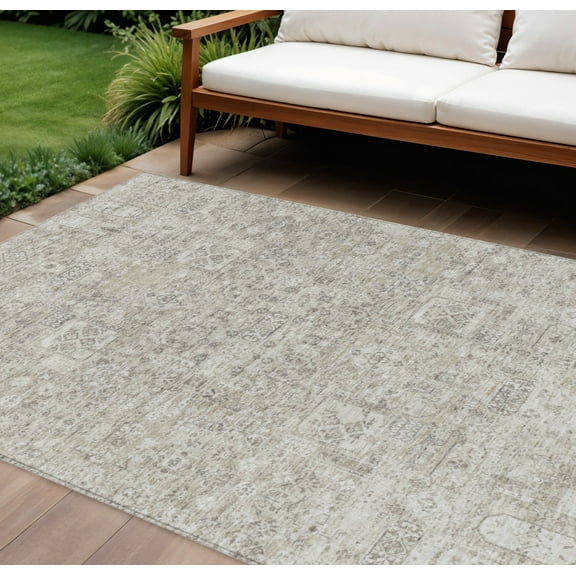 9' X 12' Taupe Beige And Gray Floral Washable Indoor Outdoor Area Rug