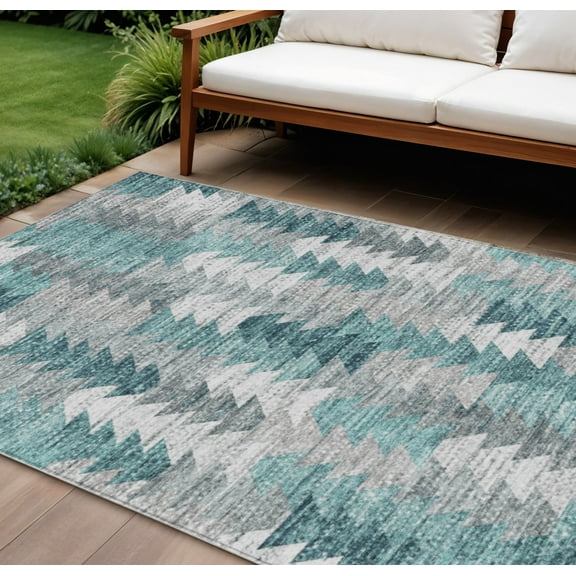 9' X 12' Dark Blue Aqua And Gray Geometric Washable Indoor Outdoor Area Rug