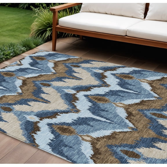 9' X 12' Denim Blue And Sky Blue Ikat Washable Indoor Outdoor Area Rug
