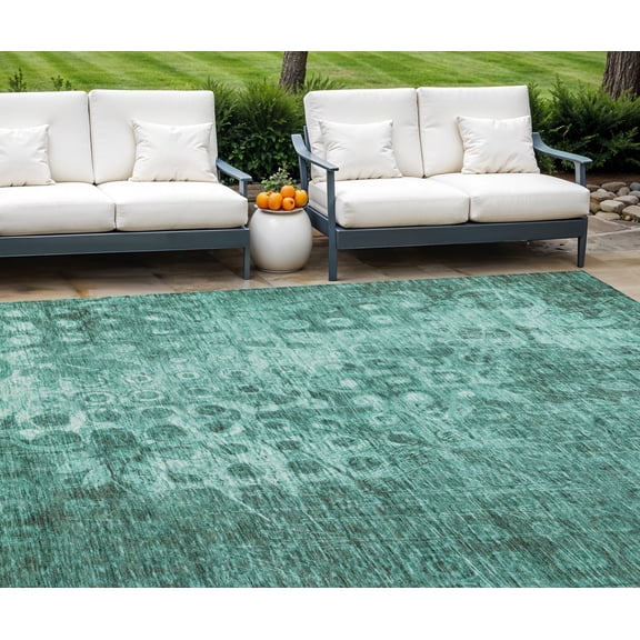 9' X 12' Teal Blue Ikat Washable Indoor Outdoor Area Rug