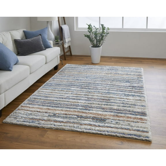 9' X 12' Ivory Blue And Orange Striped Power Loom Stain Resistant Area Rug