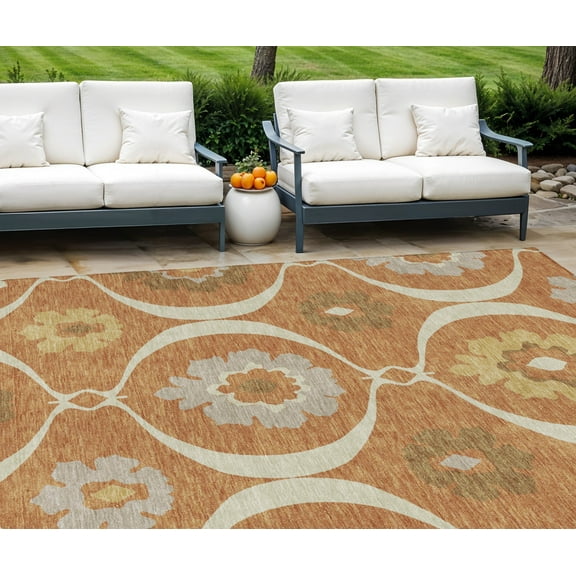 9' X 12' Orange Copper And Gray Medallion Washable Indoor Outdoor Area Rug