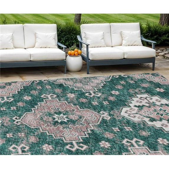HomeRoots 589006 9 x 12 ft. Medallion Washable Indoor & Outdoor Traditional Rectangle Area Rug, Emerald, Brown & Ivory
