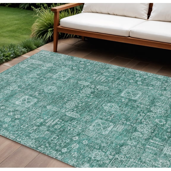 9' X 12' Dark Green And Aqua Oriental Washable Indoor Outdoor Area Rug
