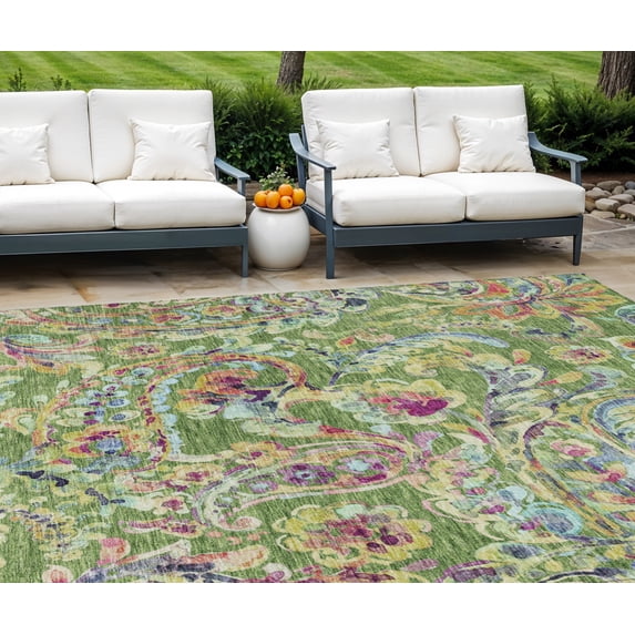 9' X 12' Fern Green And Artichoke Green Paisley Washable Indoor Outdoor Area Rug