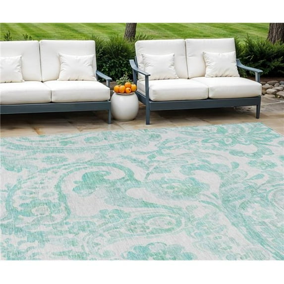 HomeRoots 588670 9 x 12 ft. Paisley Washable Indoor & Outdoor Rectangle Area Rug, Turquoise & Ivory