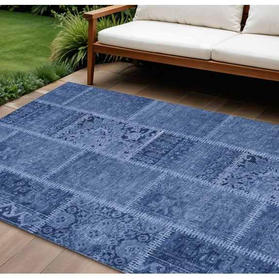 9' X 12' Navy Blue And Denim Blue Patchwork Washable Indoor Outdoor Area Rug