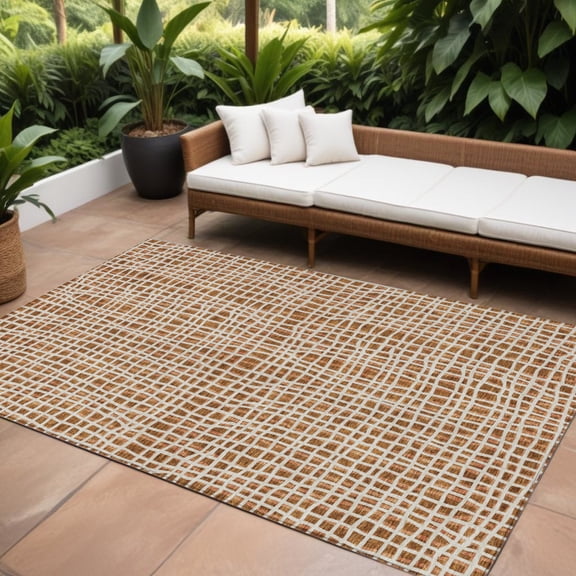 9' X 12' Orange Beige And Copper Striped Washable Indoor Outdoor Area Rug