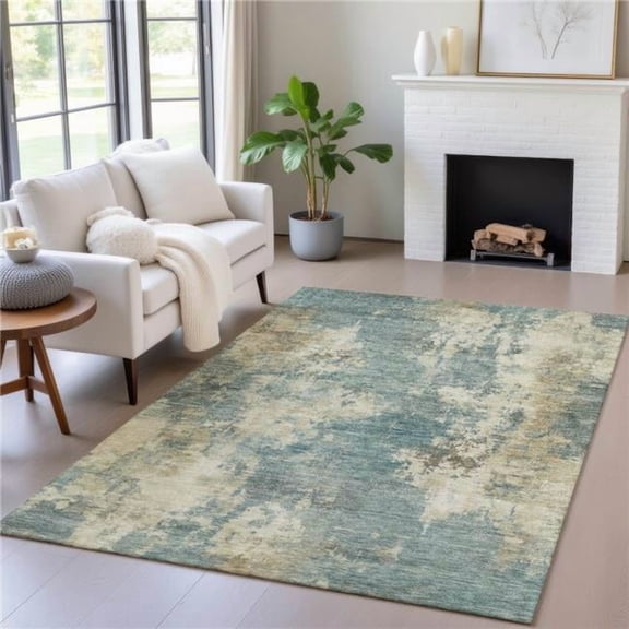 HomeRoots 630709 9 x 12 ft. Teal Blue & Beige Abstract Washable Indoor & Outdoor Rectangle Area Rug
