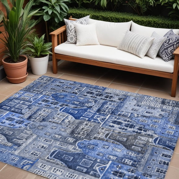 9' X 12' Navy Blue And Sky Blue Village Houses Washable Indoor Outdoor Area Rug