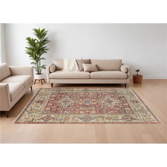 HomeRoots 9 x 12 ft. Wool Oriental Hand Knotted Rectangle Area Rug with Fringe, Ivory, Red & Gold
