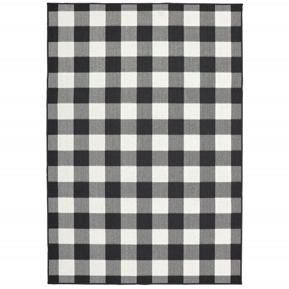 9’x13’ Black and Ivory Gingham Indoor Outdoor Area Rug