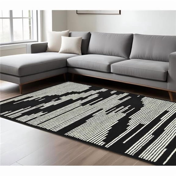 HomeRoots 570390 9 x 13 ft. Black & Ivory Wool Abstract Hand Hooked Rectangle Area Rug