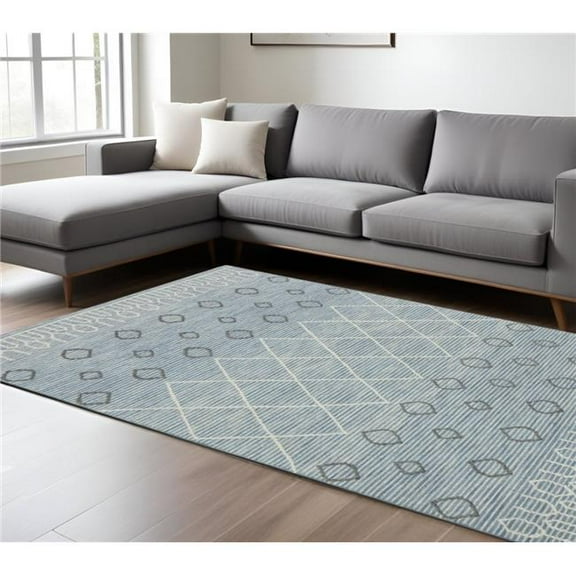 HomeRoots 570310 9 x 13 ft. Blue Gray & Ivory Wool Geometric Hand Hooked Rectangle Area Rug