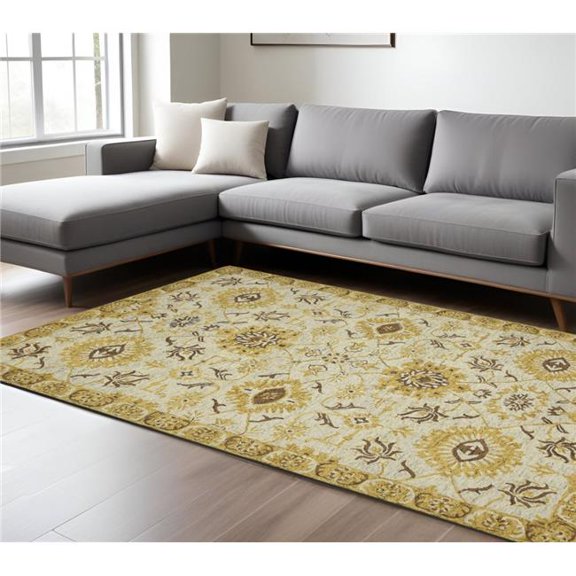 HomeRoots 570402 9 x 13 ft. Gold Beige & Brown Wool Floral Medallion Hand Hooked Rectangle Area Rug