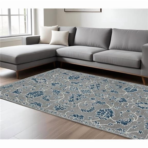 HomeRoots 570394 9 x 13 ft. Gray Blue & Ivory Wool Floral Medallion Hand Hooked Rectangle Area Rug