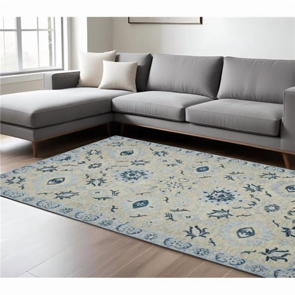 HomeRoots 570398 9 x 13 ft. Gray Dark Blue & Light Blue Wool Floral Medallion Hand Hooked Rectangle Area Rug
