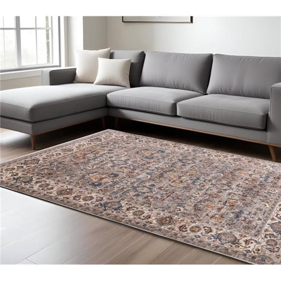 HomeRoots 570920 9 x 13 ft. Gray Tan & Beige Oriental Rectangle Area Rug with Fringe
