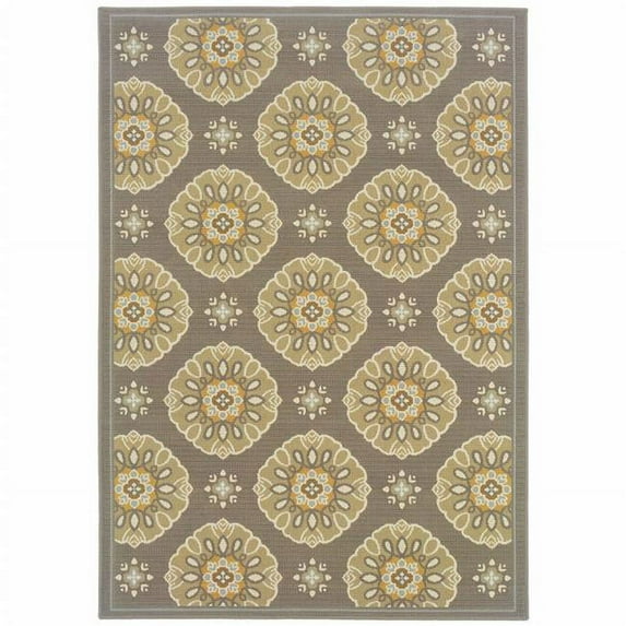 HomeRoots 384204 9 x 13 ft. Grey Gold Floral Medallion Discs Indoor & Outdoor Area Rug