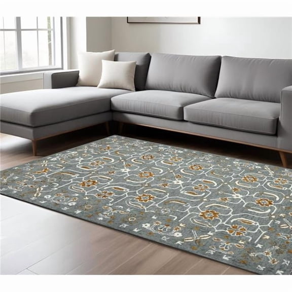 HomeRoots 570410 9 x 13 ft. Orange Gray & Ivory Wool Floral Medallion Hand Hooked Rectangle Area Rug