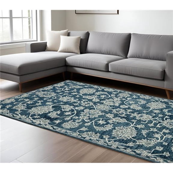 HomeRoots 570406 9 x 13 ft. Teal Gray & Ivory Wool Floral Medallion Hand Hooked Rectangle Area Rug