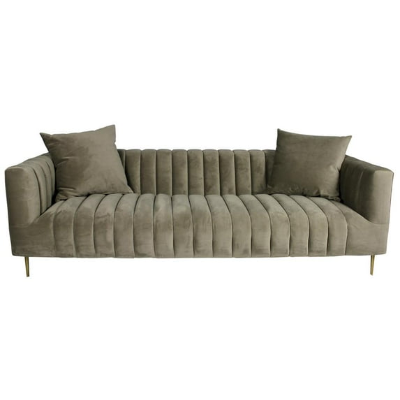 90" Gray Brown Velvet And Gold Sofa And Toss Pillows