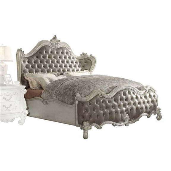 HomeRoots 92 x 97 x 76 in. Vintage Gray PU Bone White Wood Poly Resin Upholstery Eastern King Bed