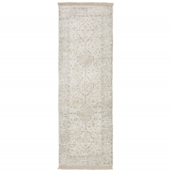 HomeRoots Beige And Charcoal Oriental Hand Loomed Stain Resistant Runner Rug With Fringe