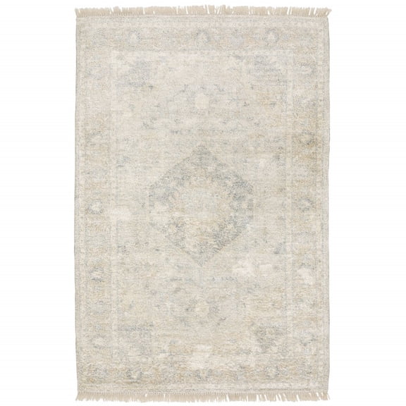 HomeRoots Beige And Grey Oriental Hand Loomed Stain Resistant Area Rug With Fringe
