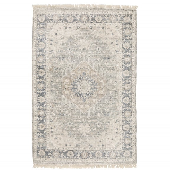 HomeRoots Beige And Grey Oriental Hand Loomed Stain Resistant Area Rug With Fringe