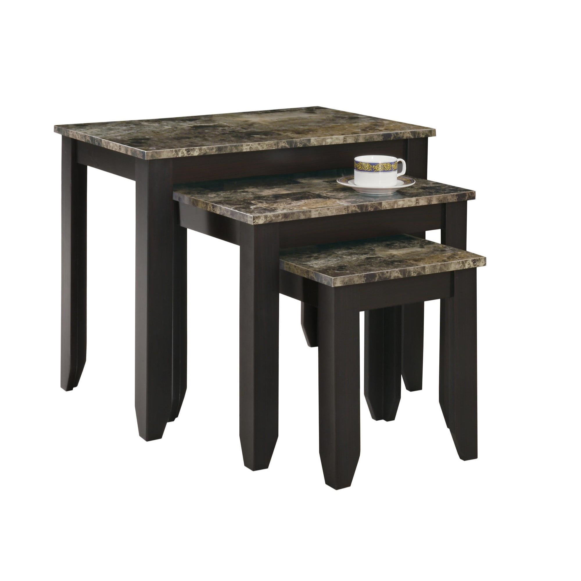 Brown Faux Marble and Black Metal Nesting Tables Set